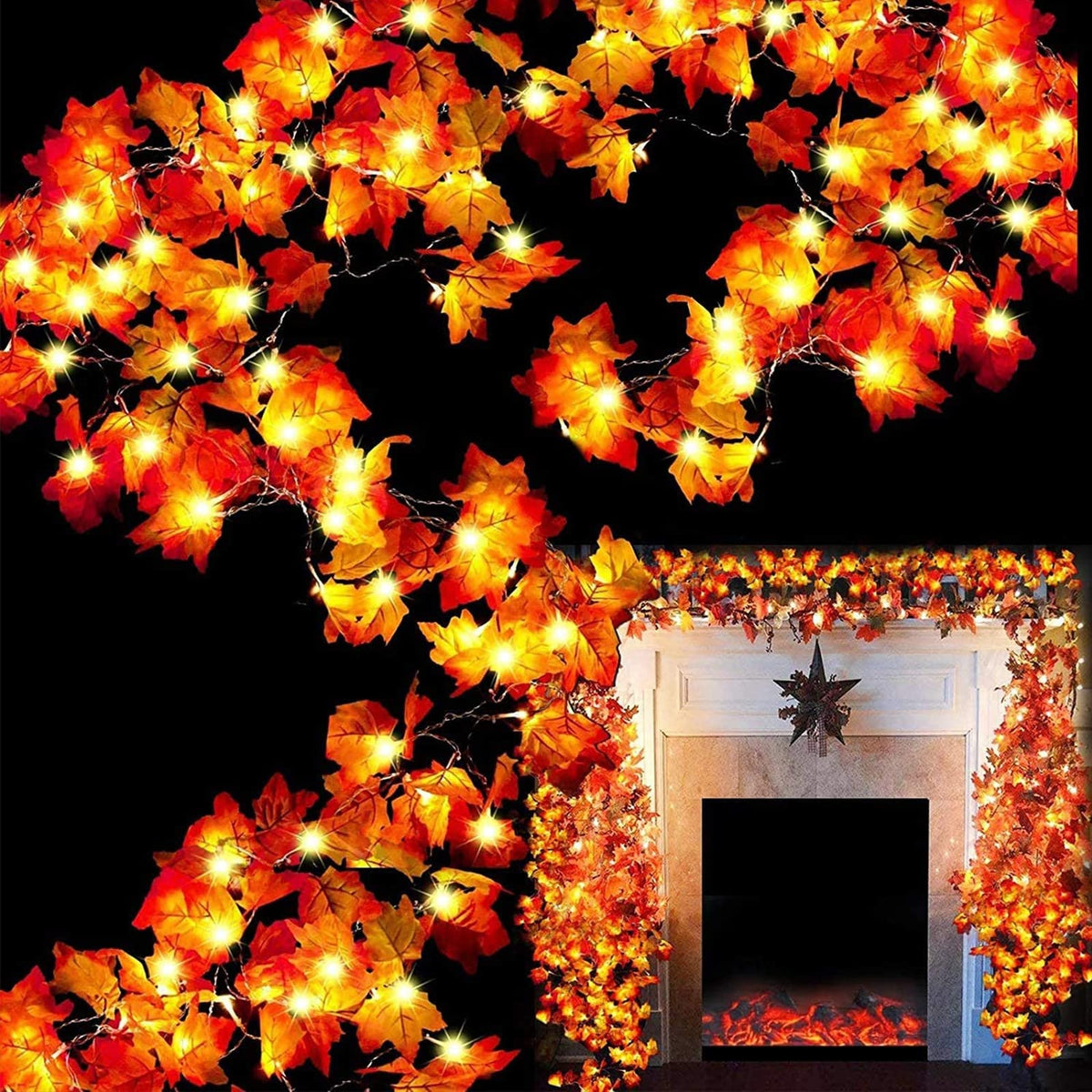 Fall Decor 2 Pack Fall Garland with Lights Enlarged Maple Leaves 20Ft 40LED