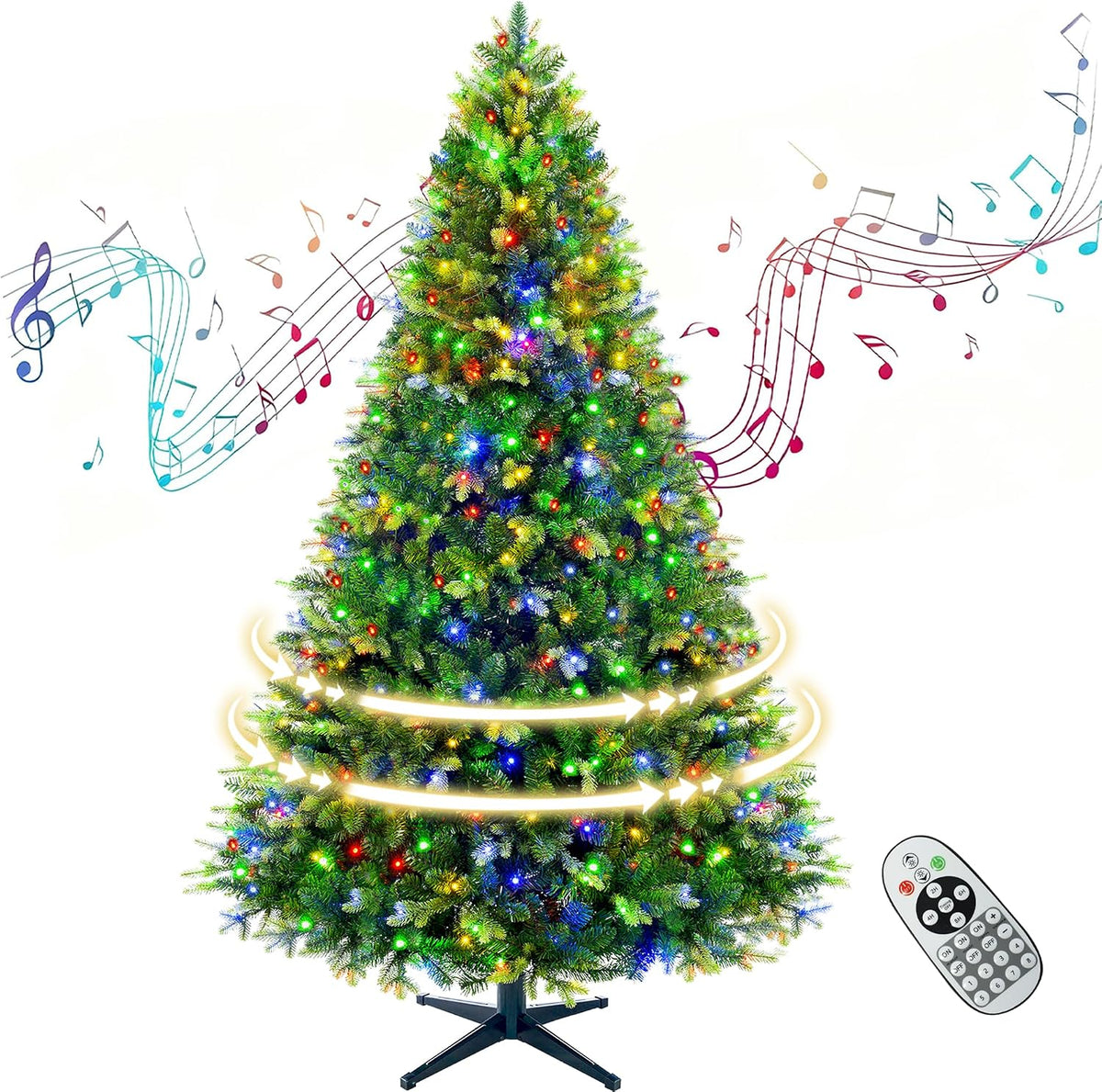 360° Rotating Prelit Christmas Tree 6.5ft - Musical Artificial Christmas Tree with Remote Control, 1036 PE & PVC Mixed Tips, 8 Modes 340 Multicolor LED Lights for Holiday Decor