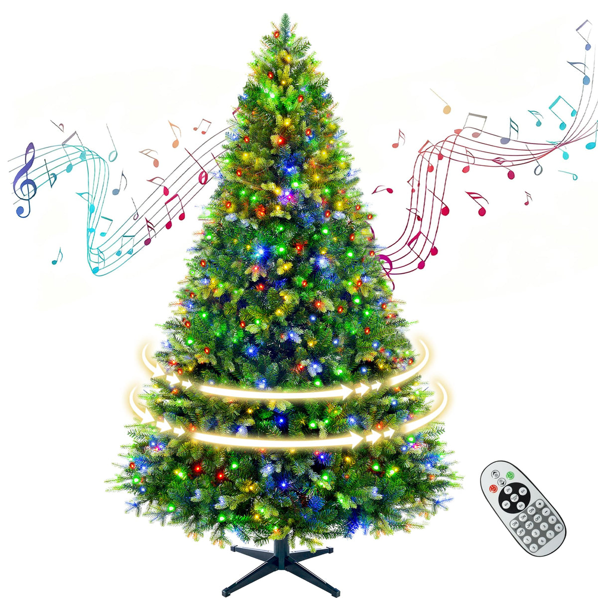 360° Rotating Prelit Christmas Tree 6.5ft - Musical Artificial Christmas Tree with Remote Control, 1036 PE & PVC Mixed Tips, 8 Modes 340 Multicolor LED Lights for Holiday Decor