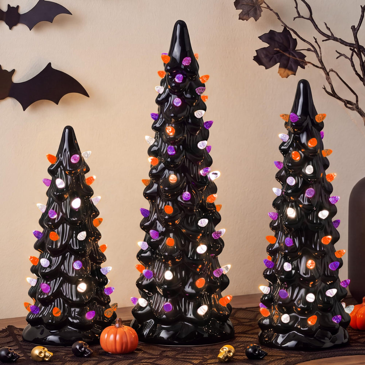 Best Choice Products Set of 3 Ceramic Christmas Trees, Pre-Lit Hand-Painted Tabletop Holiday Decoration w/Multicolor Bulbs, LED Lights – Green