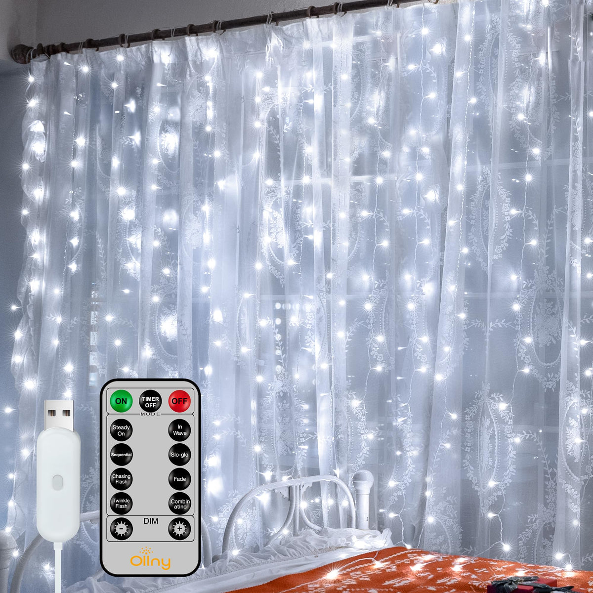 Ollny Curtain Lights 6.6x6.6ft, 200LED String Lights with Remote Warm White