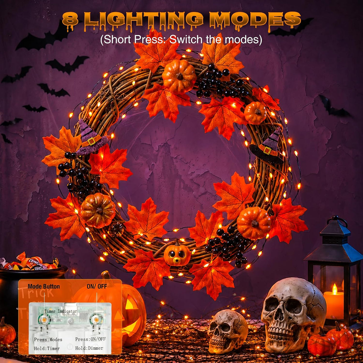 2 Pack Orange Fairy Lights, 16FT 50LED Halloween String Lights