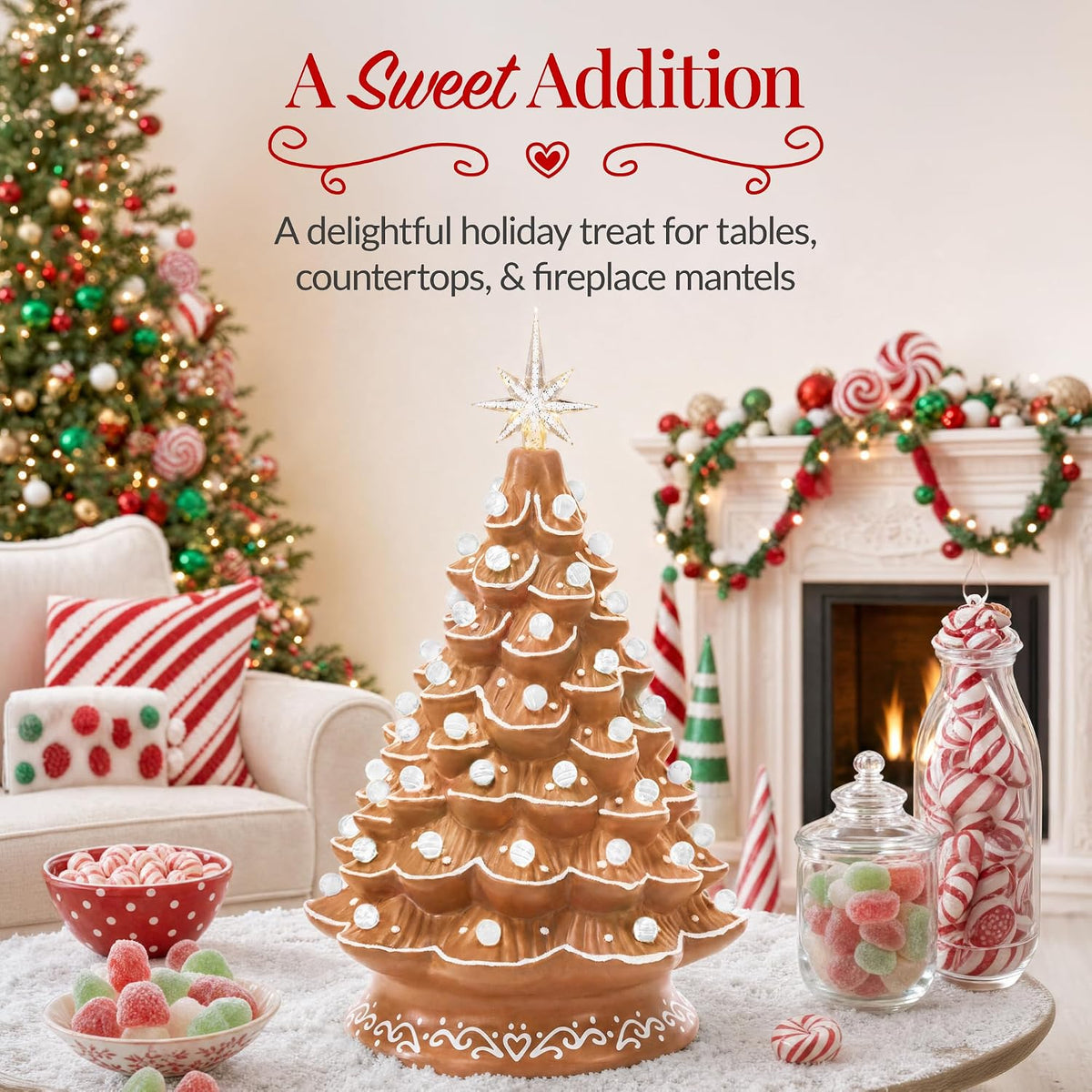 Best Choice Products 15in Ceramic Christmas Tree, Pre-lit Hand-Painted Tabletop Holiday Tree, 2 Star Toppers, 64 Lights - Gingerbread w/White Bulbs