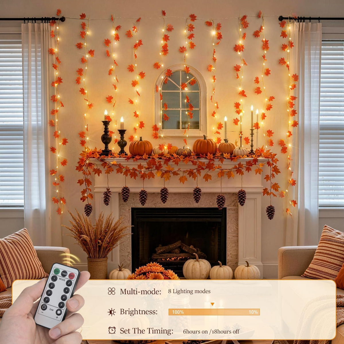 JMEXSUSS Maple Leaf Curtain Lights, 200 LED Fall Garland with Fairy Lights