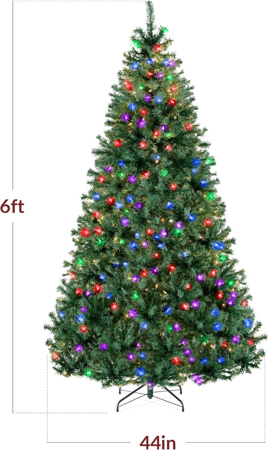 Best Choice Products 6Ft Pre-Lit Christmas Tree w/Twinkling LEDs, Premium Green Artificial Pine Lighted Holiday Decoration w/ 250 Lights, 1000 Branch Tips, Metal Base - Multi-Color Lights