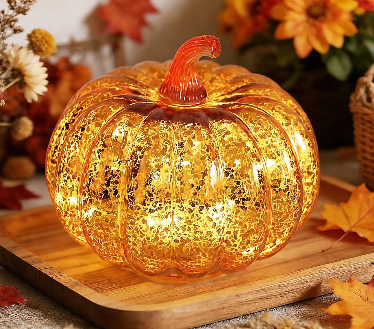 Fall Decorations for Home,Mercury Glass Pumpkin Lights with Timer(Gold)