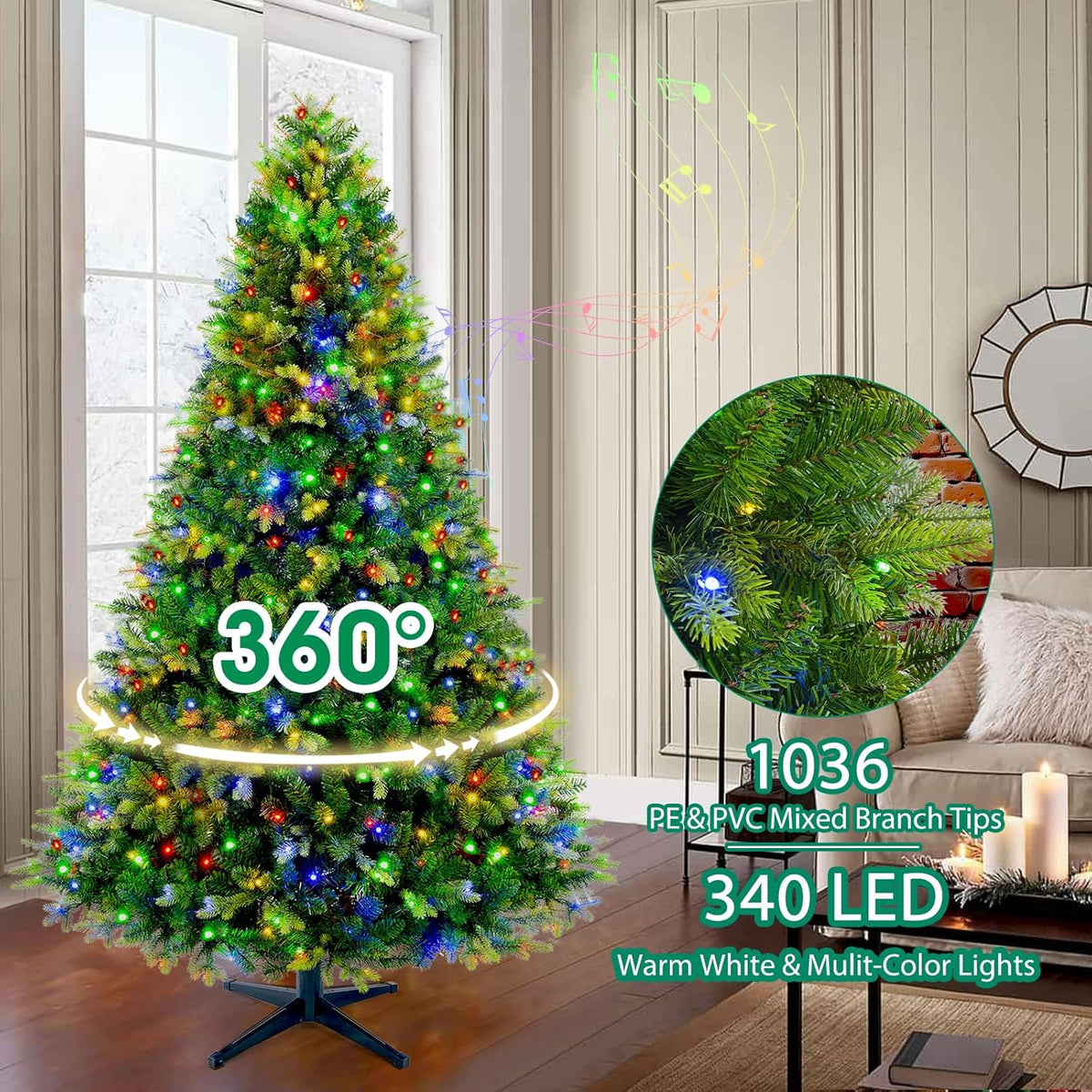 360° Rotating Prelit Christmas Tree 6.5ft - Musical Artificial Christmas Tree with Remote Control, 1036 PE & PVC Mixed Tips, 8 Modes 340 Multicolor LED Lights for Holiday Decor