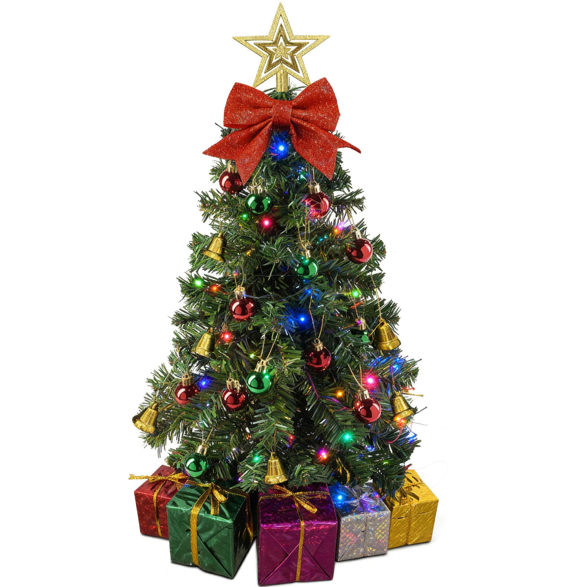 Small Christmas Tree with Lights - 23 Inch Mini Tabletop Christmas Tree with Warm-White LED Lights, Hanging Ornaments, Decorative Bow and Gift Boxes - Prelit Table Tree for DIY Christmas Decoration