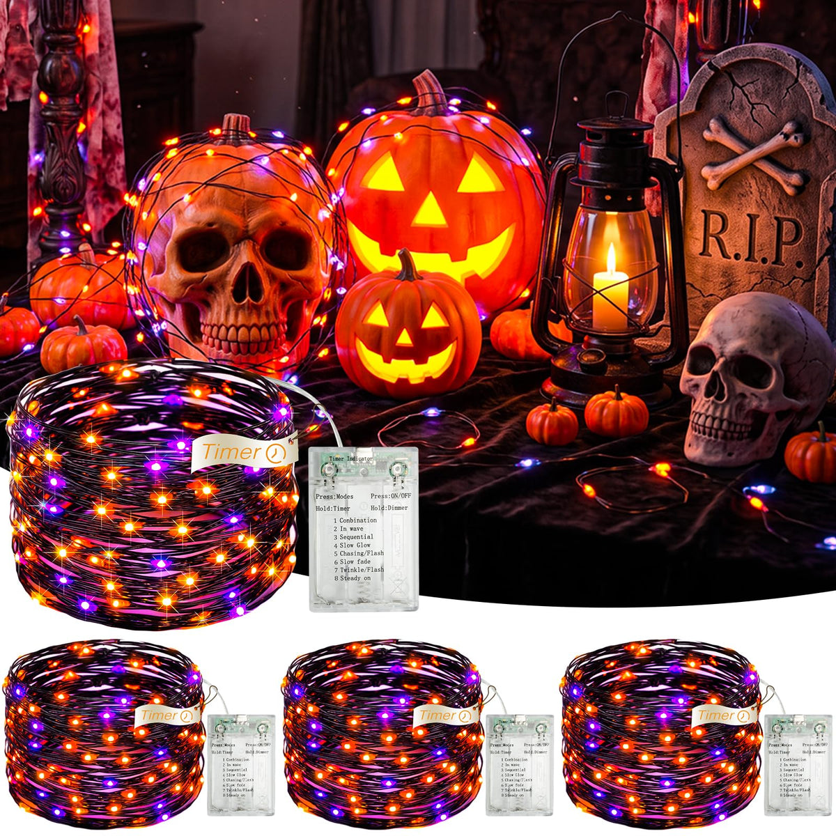 2 Pack Orange Fairy Lights, 16FT 50LED Halloween String Lights