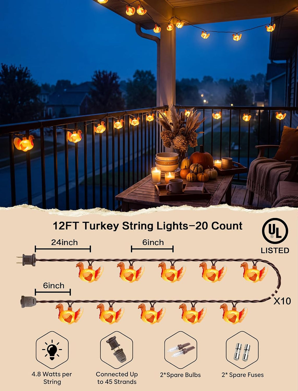SUNSGNE Thanksgiving Turkey String Lights, 12FT 20 LED Fall Decor Lights