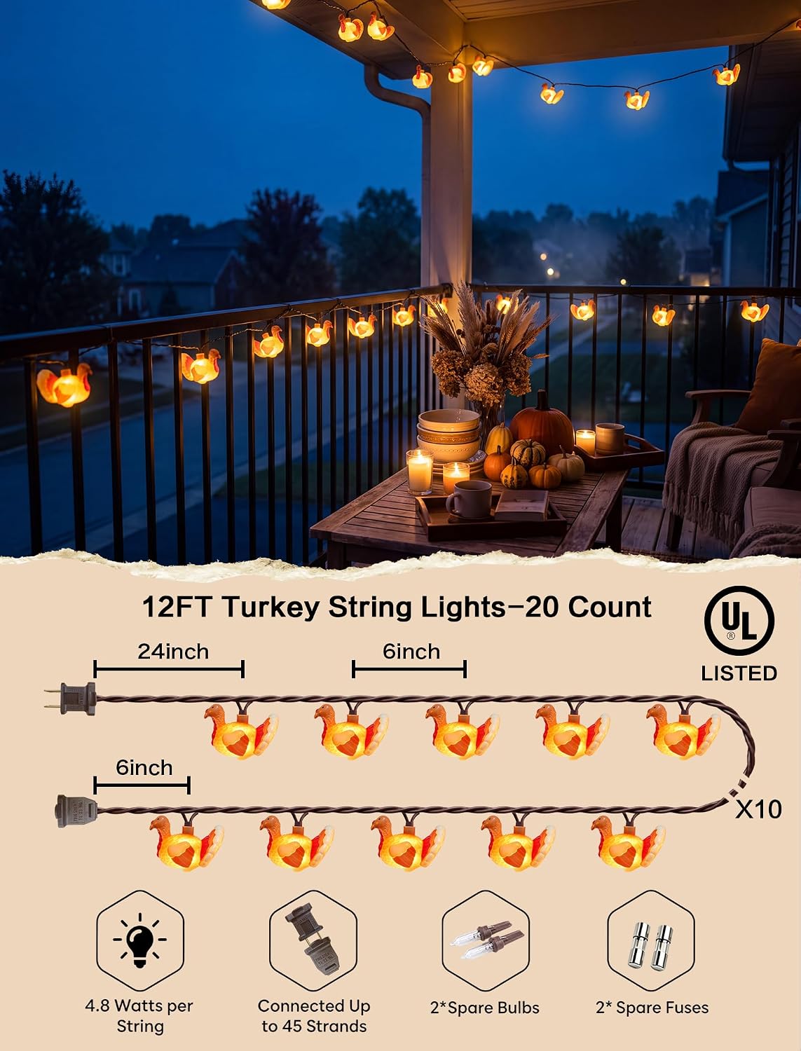 SUNSGNE Thanksgiving Turkey String Lights, 12FT 20 LED Fall Decor Lights