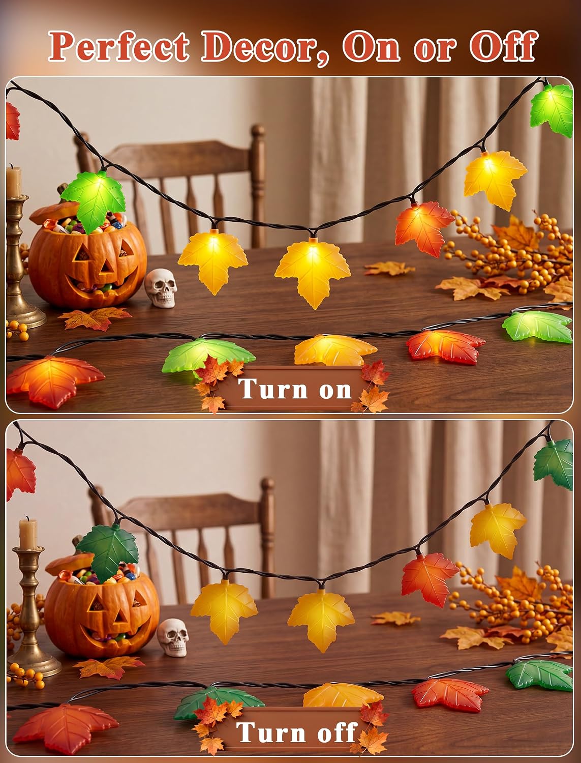 Oviejo Thanksgiving Day Tricolor Maple Leaf String Light with 10 LED Bulbs, 8.5Ft Plug in Multi-Color Fall Lights for Autumn Thanksgiving Day Halloween Christmas Home Decor, Black Wire