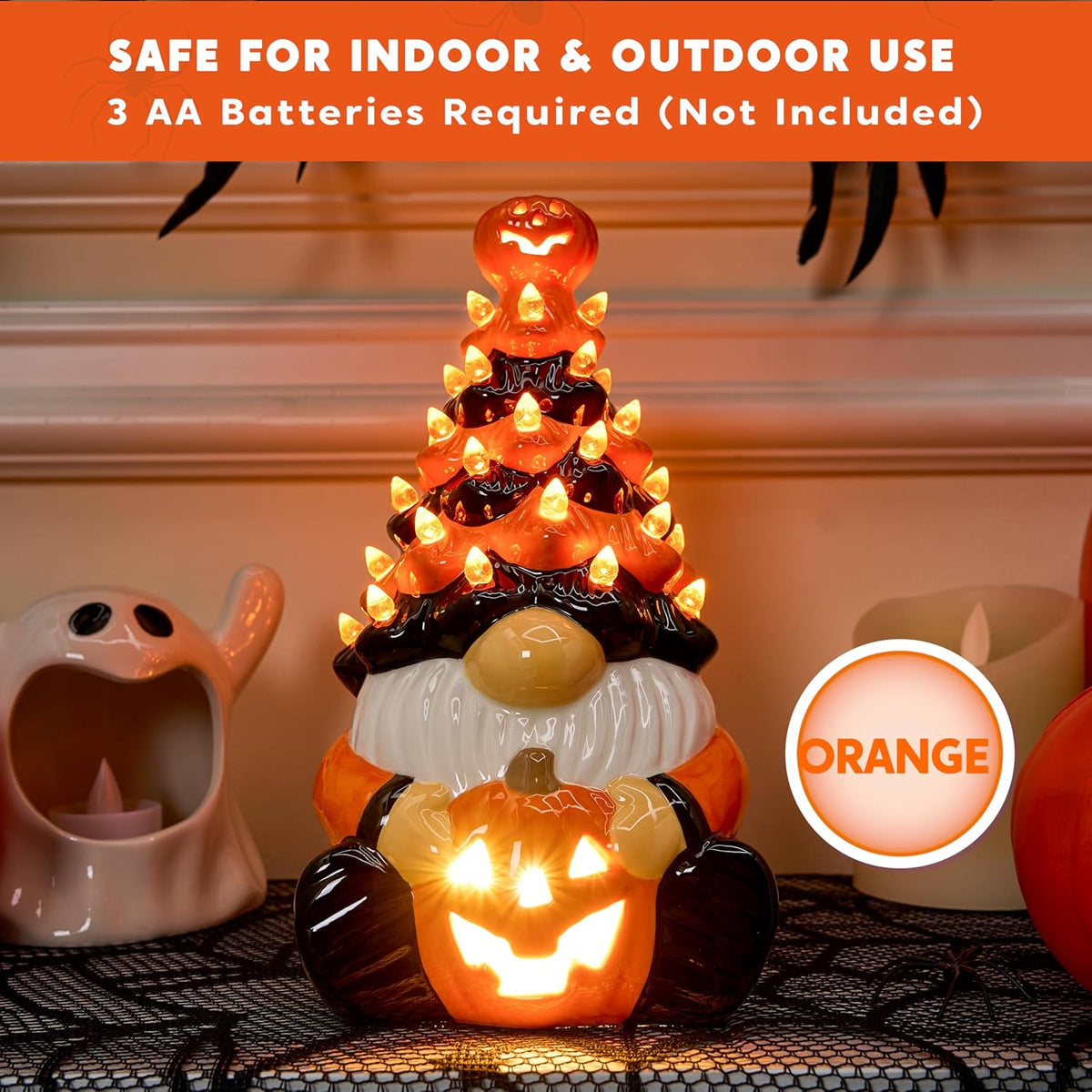 Joiedomi 8.5 inch Tall Halloween Decoration Pumpkin Gnome Ceramic Tree with Build-in LEDs Tabletop Decor for Halloween Indoor Party Supplies Decoration, Battery Operated, Indoor Home Party Decors