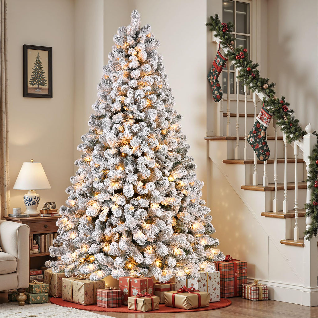 SHareconn 7ft Snow Flocked Spruce Pre-lit Artificial Christmas Tree, White