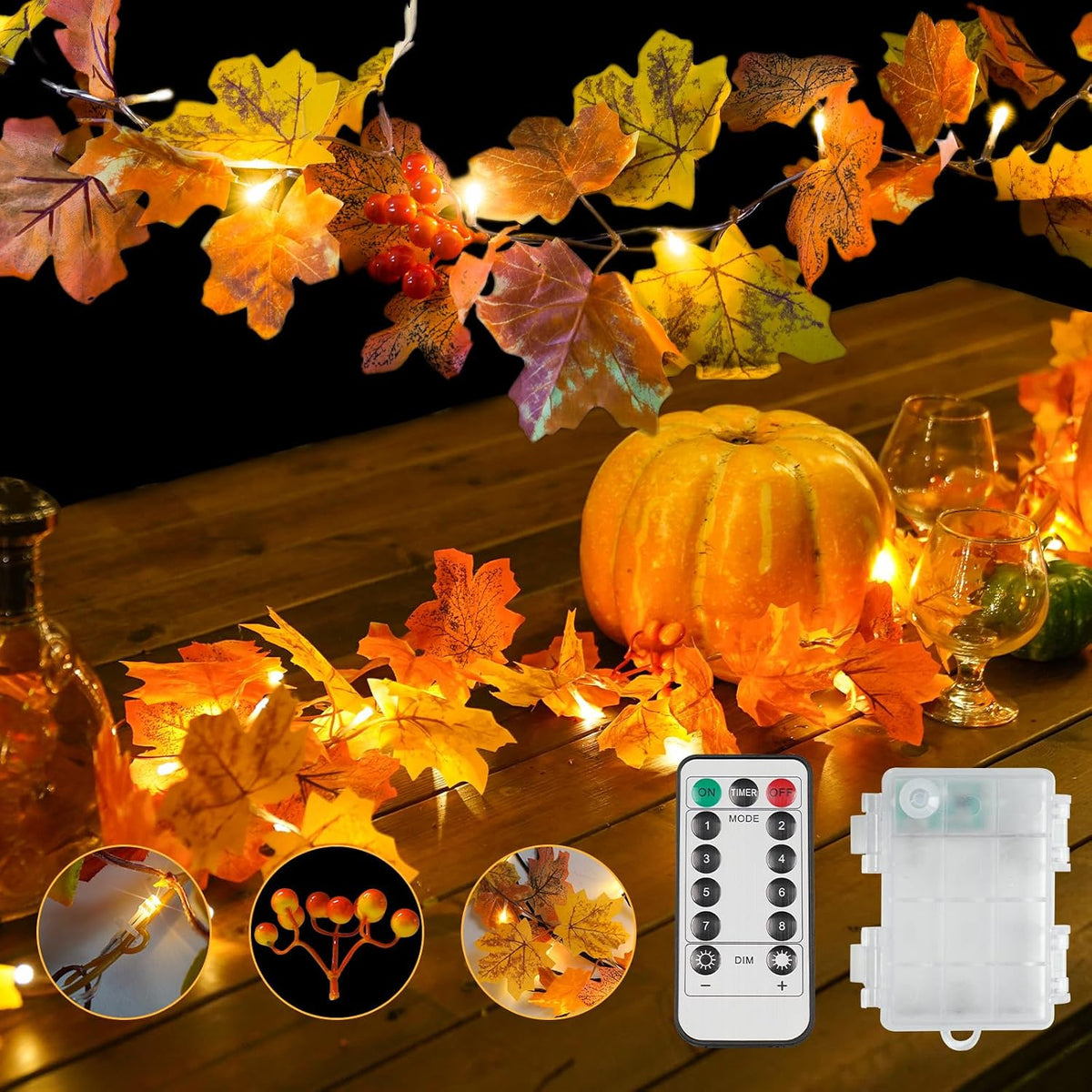 suddus 20 LED Fall Leaves Garland with Lights Battery Operated Timer Yellow