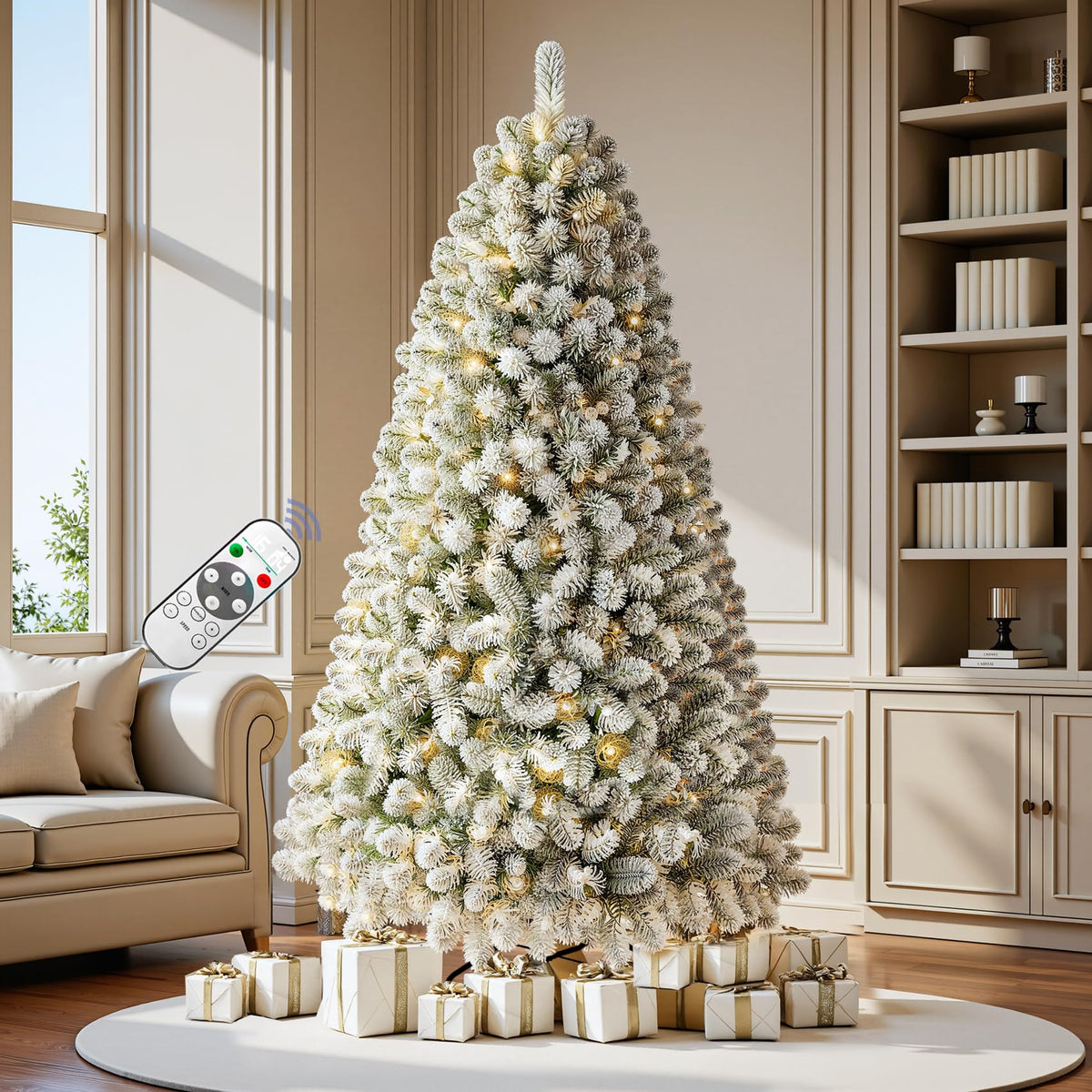 6 FT Pre-lit Christmas Tree Spruce with Remote Control, 300 Warm White Multi-Color Changing LED Lights, Artificial Hinged/Feel Real/Realistic for Home, Holiday Decoration Dual Color LED