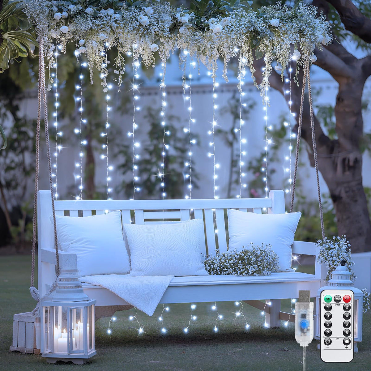 JMEXSUSS 300 LED Remote Control Curtain Lights, Plug in Fairy Curtain Lights Outdoor, Window Wall Hanging String Lights for Bedroom Indoor Dorm Backdrop Wedding Party Patio Christmas Decor, Warm White