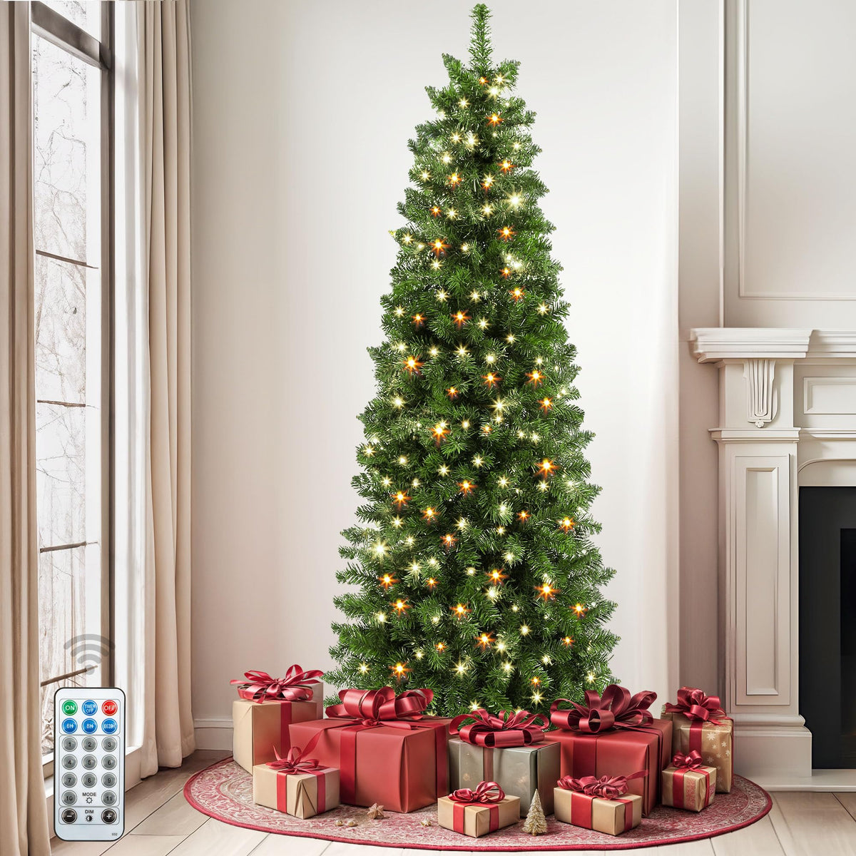 DWVO 6ft Pre-lit Artificial Christmas Tree, Slim Partial Snowy Pencil Kingswood Fir Christmas Trees with 50 Pine Cones, 618 Branch Tips & 250 UL Listed Lights with Remote Control for Home Party