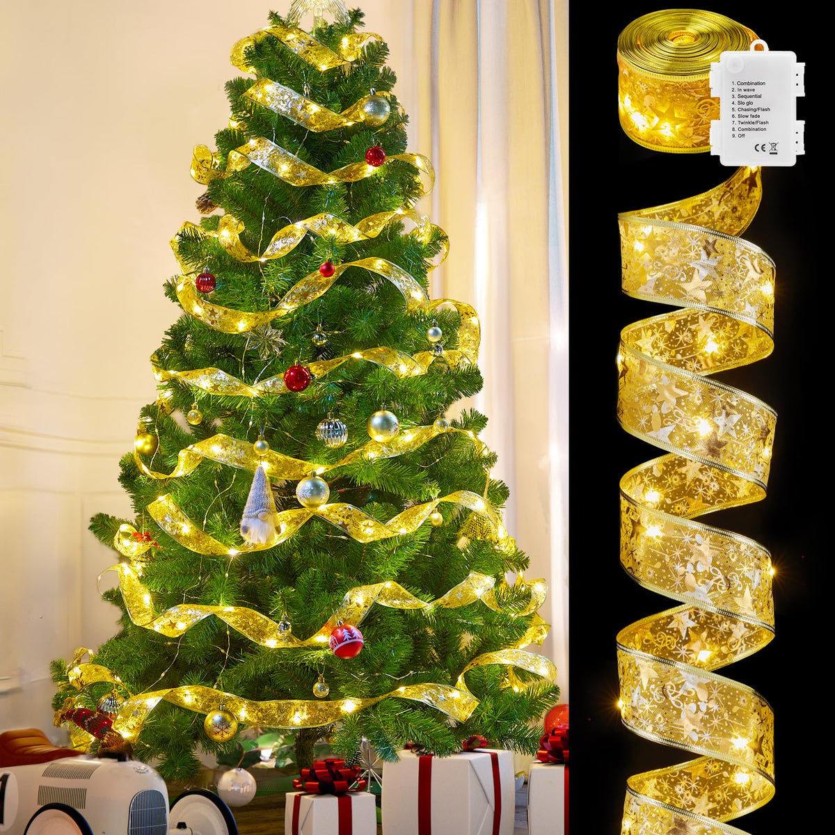 2 Pack Christmas Tree Ribbon String Lights - 33ft 100 LED Battery Powered Fairy Lights with Timer and 8 Lighting Modes, Christmas Ribbon Bows Lights for 6ft - 8ft Christmas Tree New Year Decor, Gold