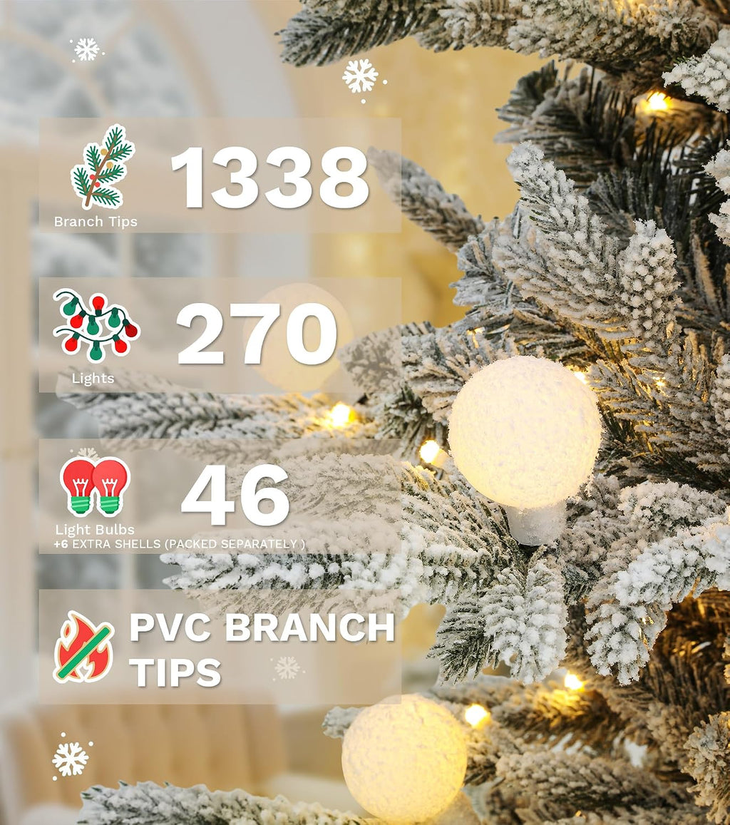 DWVO 6ft Prelit Flocked Aspen Fir Christmas Tree with Bulbs and Lights, Full Artificial Xmas Tree with 1336 Metal Hinged PE & PVC Flame Resistant Branches, 46 Bulbs and 270 Lights Remote Controlled