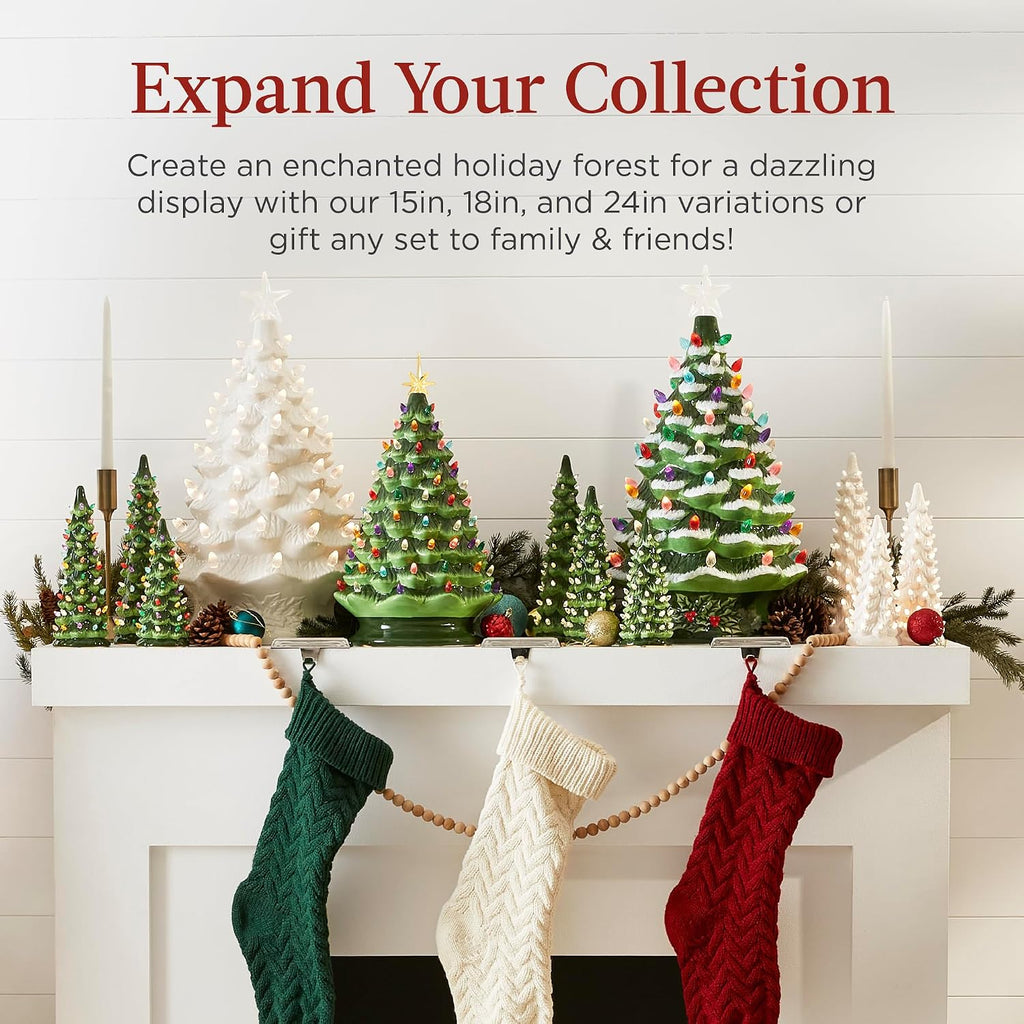 Best Choice Products Set of 3 Ceramic Christmas Trees, Pre-Lit Hand-Painted Tabletop Holiday Decoration w/Multicolor Bulbs, LED Lights – Green