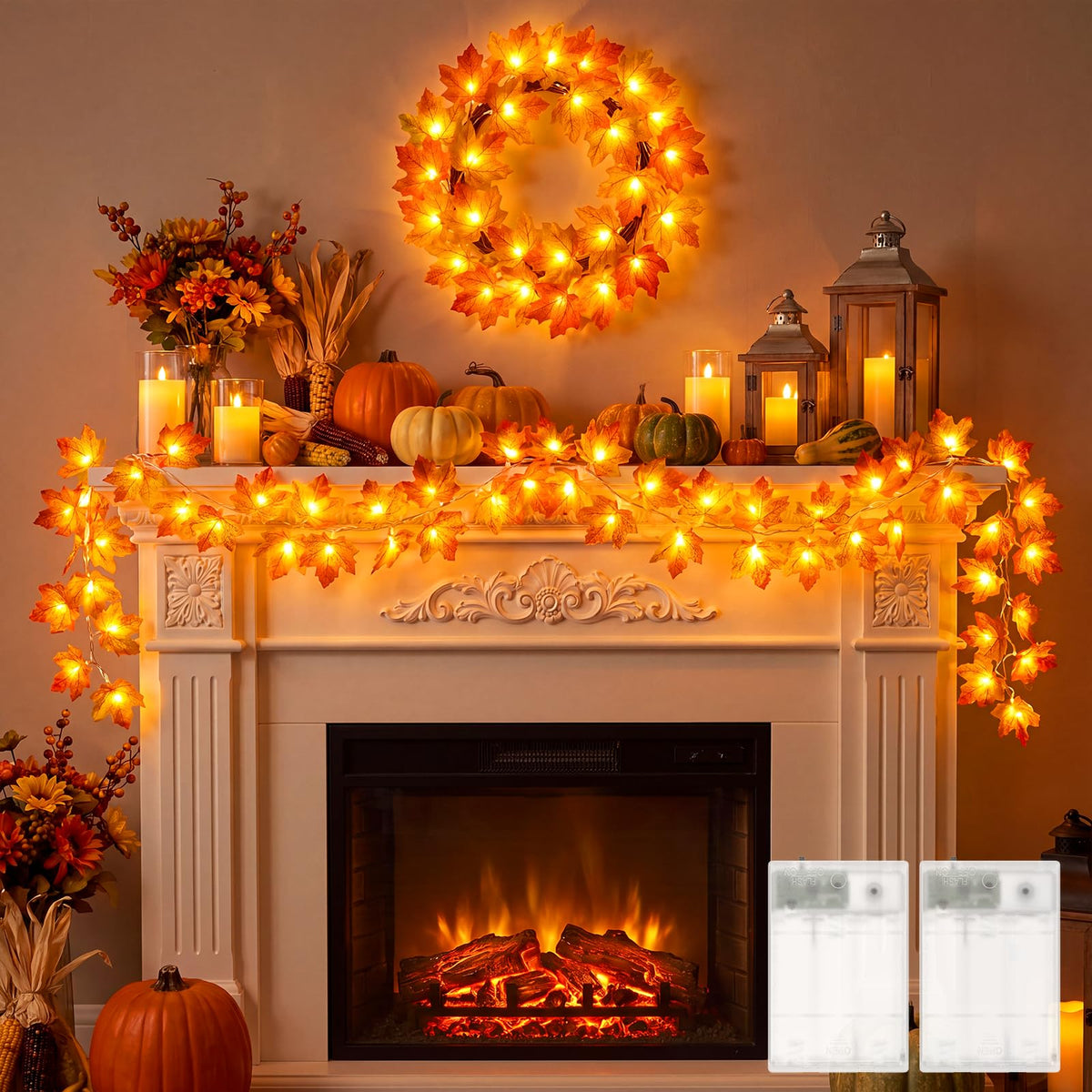 Brightown 2 Pack Fall Garland with Lights Total 20Ft 40LED Fall Decor
