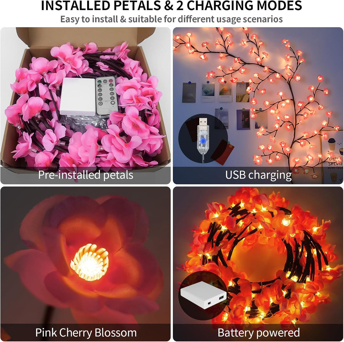 7.55FT 144LED Pink Cherry Blossom Tree Branch Lights for Wall Battery Box