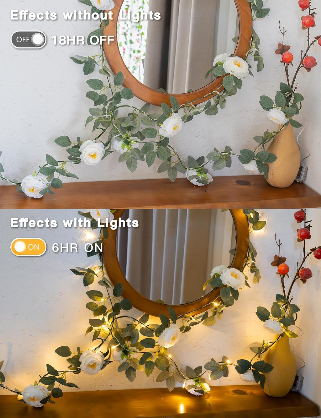suddus 60LED Garland with White Camellia Lights Battery Operated Clear Wire