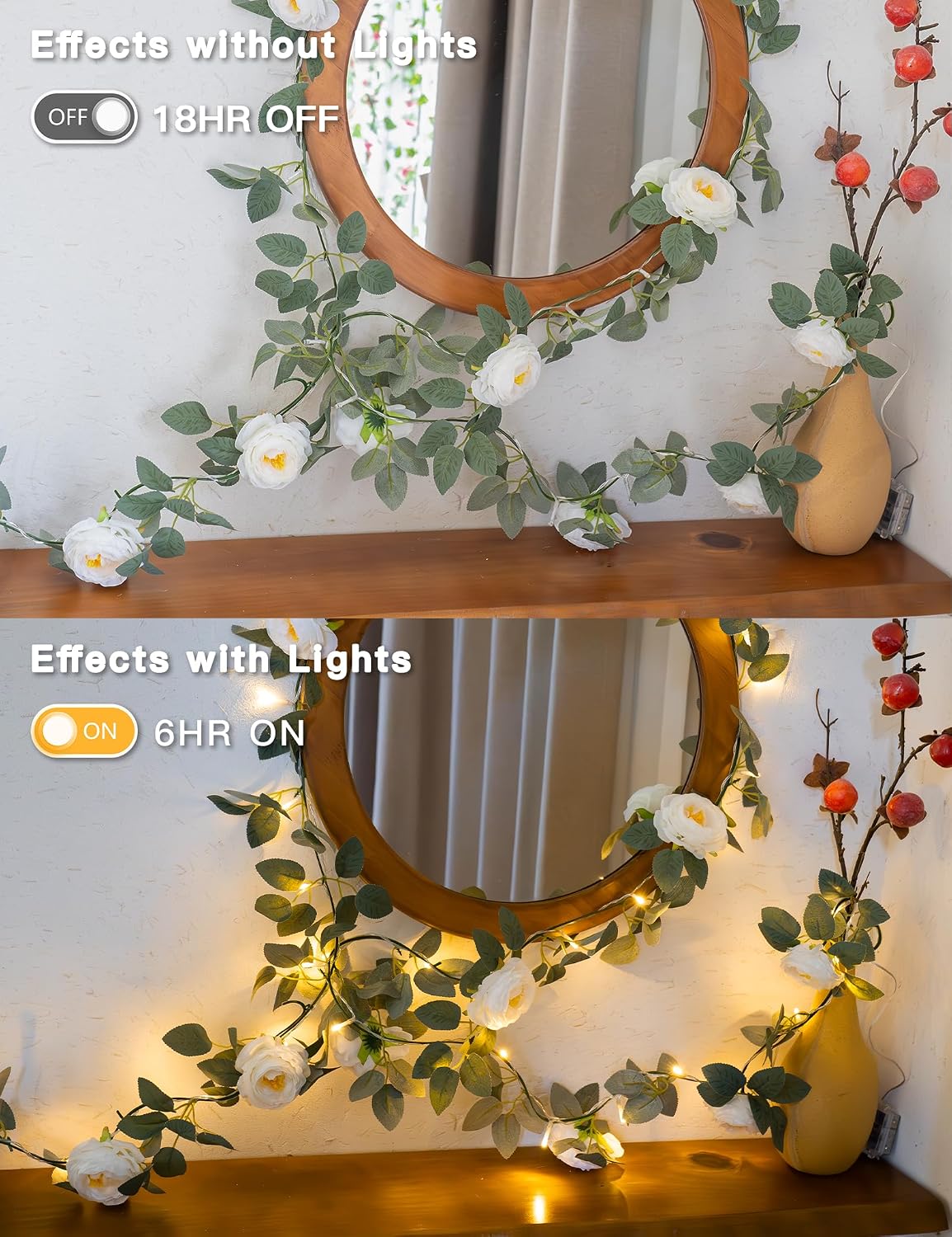 suddus 60LED Garland with White Camellia Lights Battery Operated Clear Wire