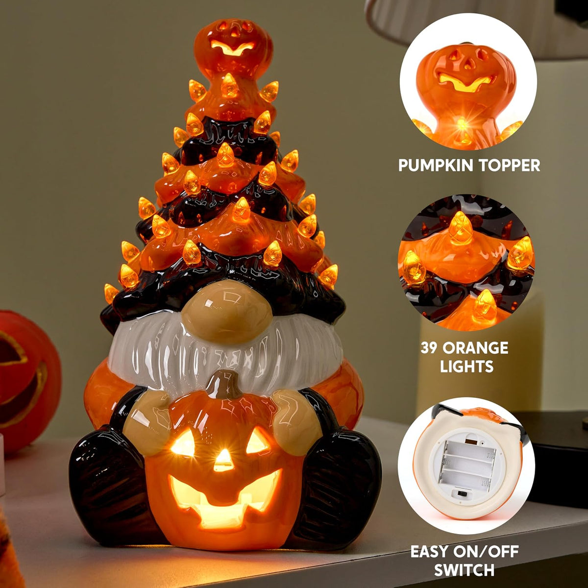 Joiedomi 8.5 inch Tall Halloween Decoration Pumpkin Gnome Ceramic Tree with Build-in LEDs Tabletop Decor for Halloween Indoor Party Supplies Decoration, Battery Operated, Indoor Home Party Decors