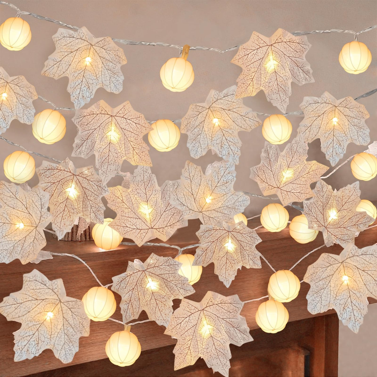 3 Pack Fall Garland with Pumpkin Lights Enlarged Maple Leaves 30Ft 60LED