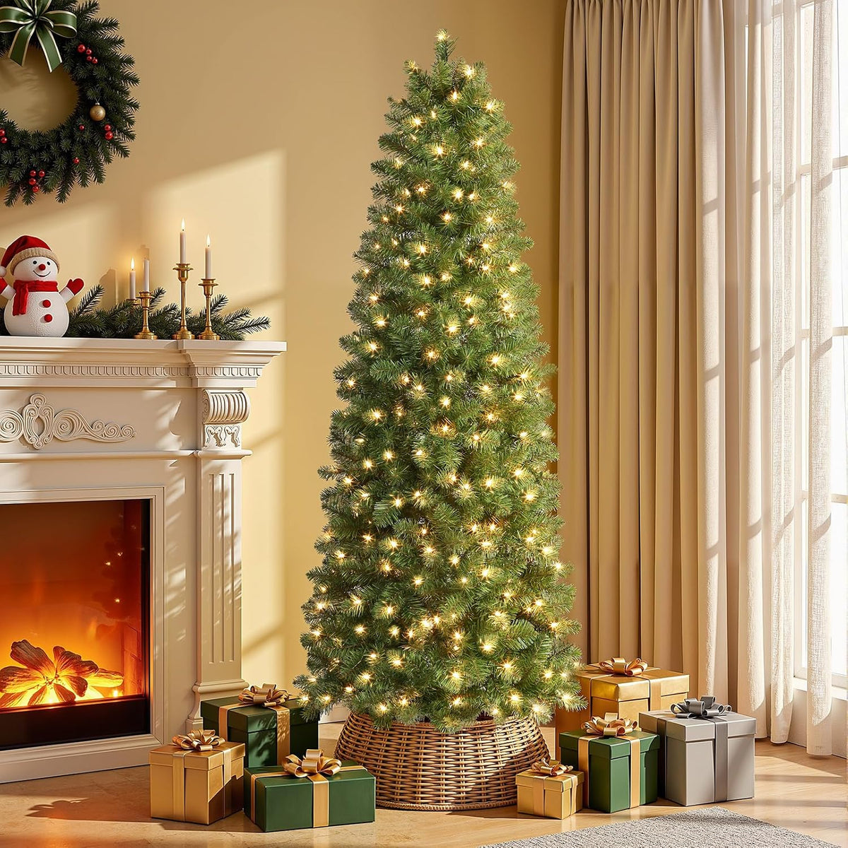 SHareconn Prelit Artificial Pencil Christmas Tree 6FT & Warm White Lights
