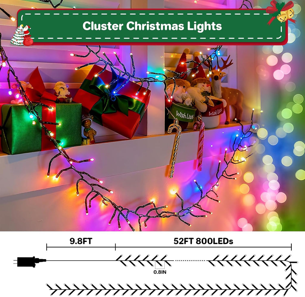 Christmas Cluster Lights Plug-in 52FT 800LEDs String Lights Indoor Outdoor