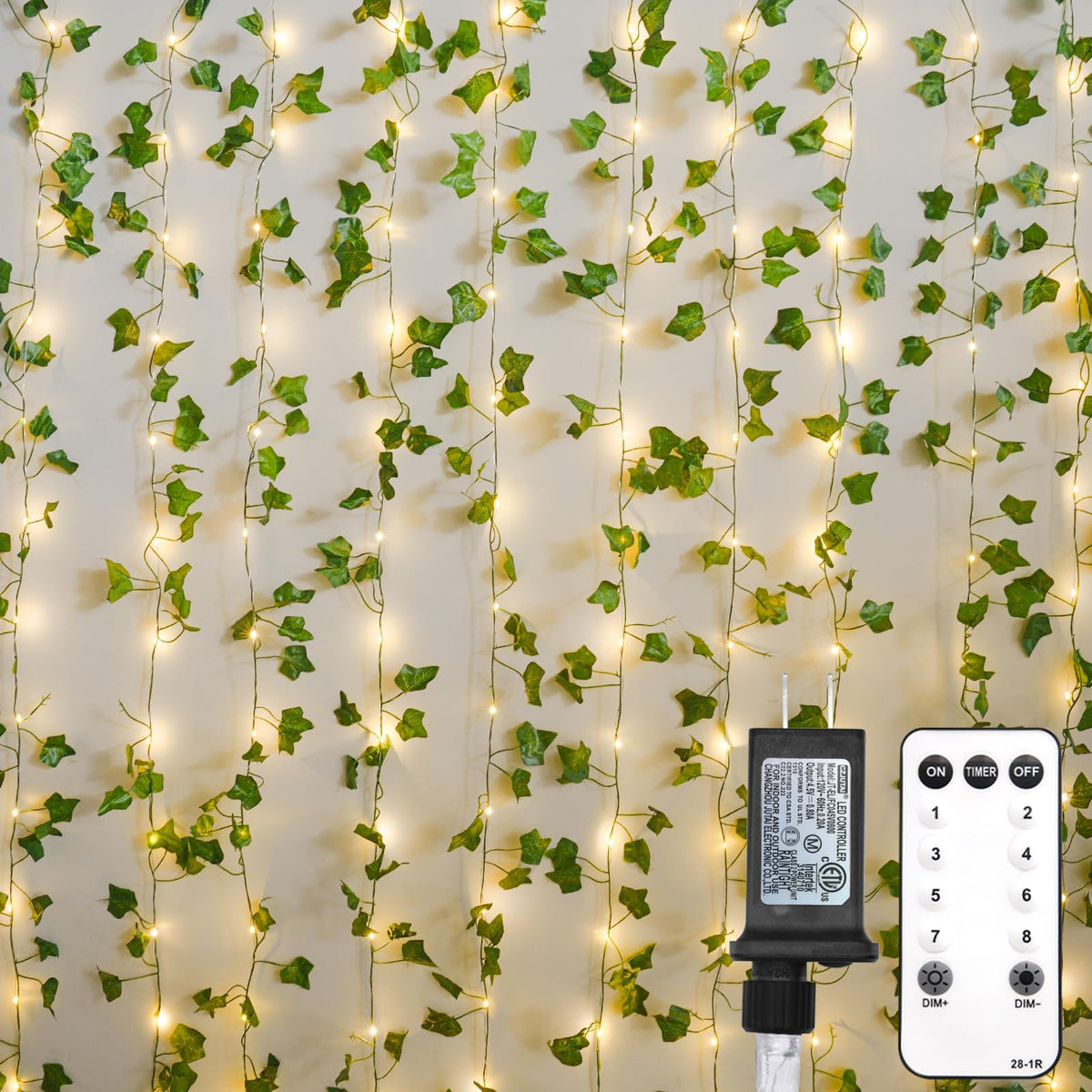 suddus 200 LED Vine with Light Plug in, 6.5ft x 6.5ft Pothos Fairy Curtain Lights with Remote, Leaf Fairy Lights for Wall,Bedroom, Dorm, Wedding, Party, Indoor Decor(Warm White)