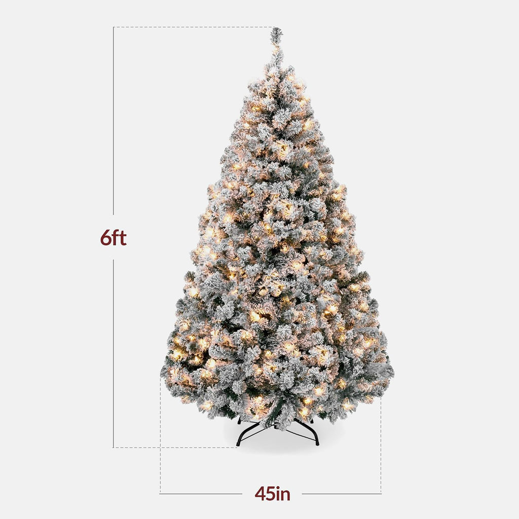 Best Choice Products 6ft Pre-Lit Artificial Christmas Tree Twinkling LEDs, Snow Flocked Design Pine Tree, Full Appearance Lighted Snowy w/Easy Assembly, 250 Lights, 928 Tips Metal Stand