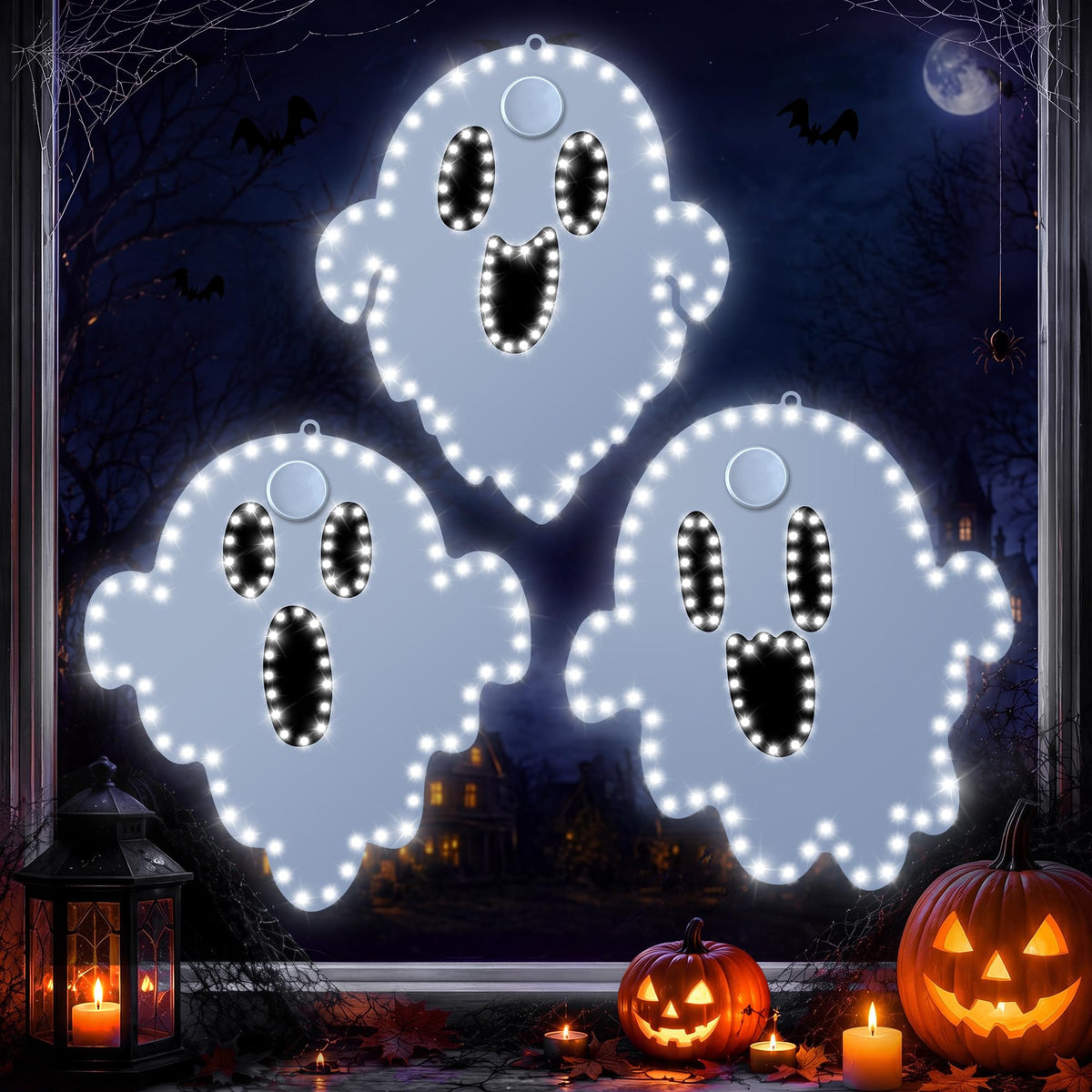 3 Pack 10" Halloween Classics Twinkling LED Ghosts, Hi-Vibrant Aluminum Frame Ghost Window Silhouette Lights, Cool White LED Lights, Holiday Indoor Outdoor Decoration