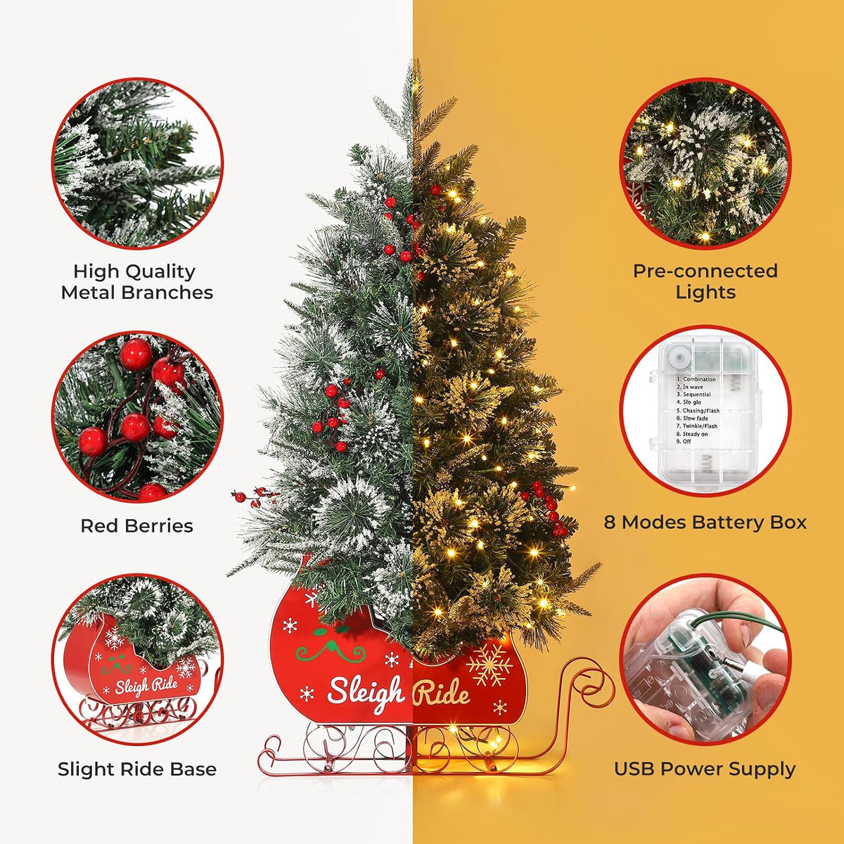 Garvee 3FT Christmas Tree, Pre-Lit Artificial Christmas Trees with Lights, Small Xmas Trees with Sleigh Base & 78 Warm White Lights, Christmas Decoration for Home, Office,1 PCS