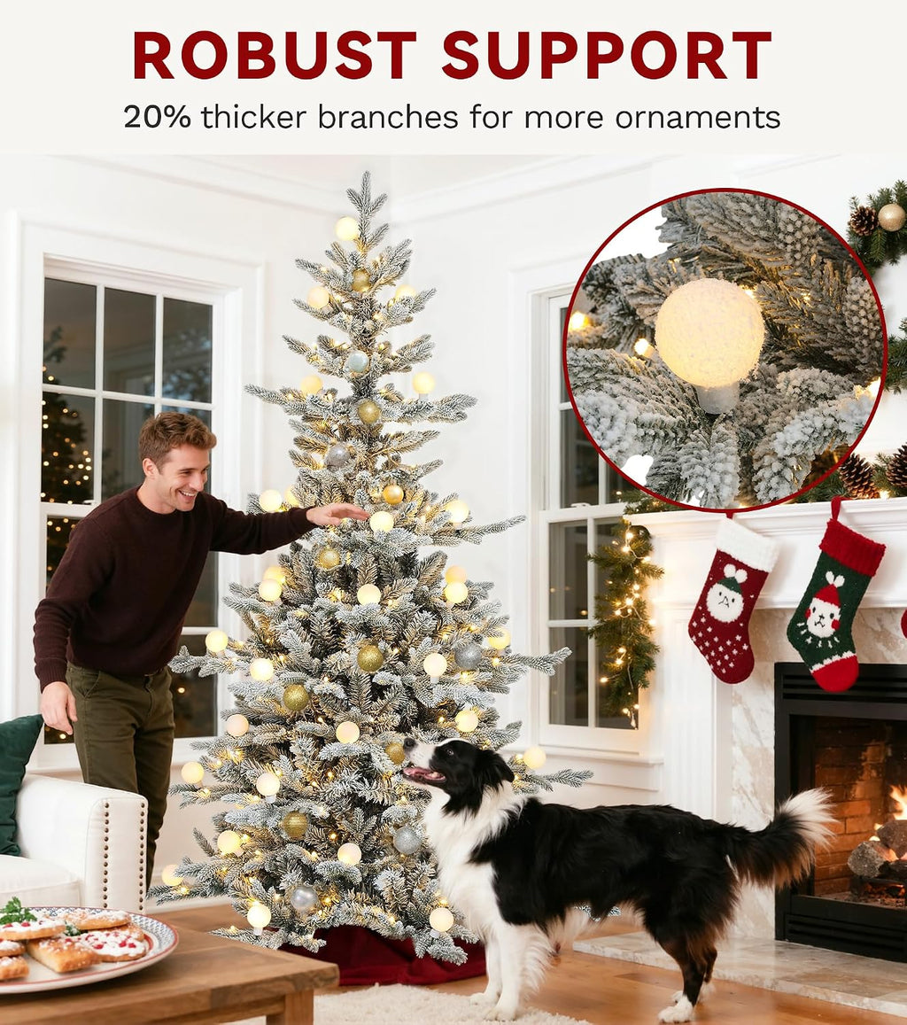DWVO 6ft Prelit Flocked Aspen Fir Christmas Tree with Bulbs and Lights, Full Artificial Xmas Tree with 1336 Metal Hinged PE & PVC Flame Resistant Branches, 46 Bulbs and 270 Lights Remote Controlled