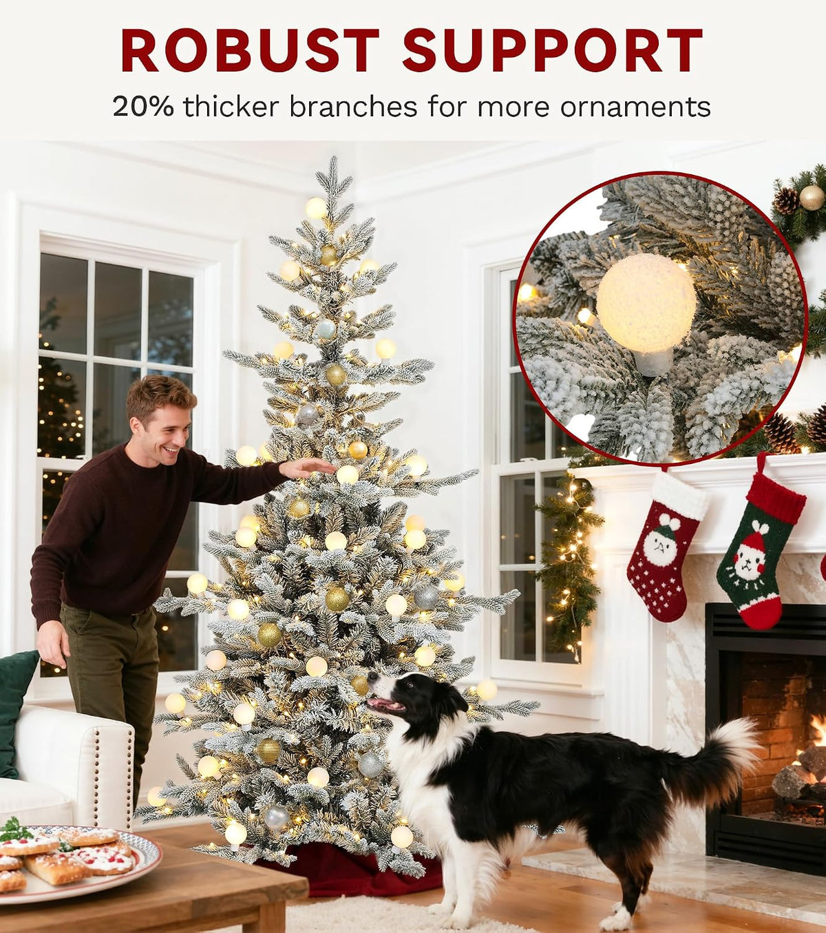 DWVO 6ft Prelit Flocked Aspen Fir Christmas Tree with Bulbs and Lights, Full Artificial Xmas Tree with 1336 Metal Hinged PE & PVC Flame Resistant Branches, 46 Bulbs and 270 Lights Remote Controlled