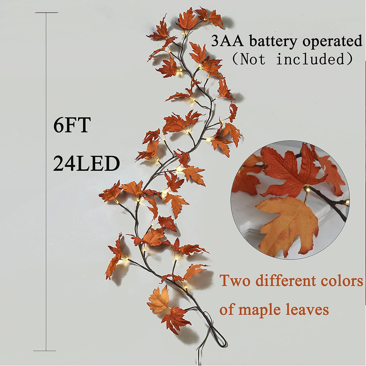 Hairui Lighted Maple Leaf Garland with Timer 6FT 24 Warm White LED, Fall Garland with Lights Battery Operated for Thanksgiving Harvest Christmas Wedding Decoration Indoor Outdoor