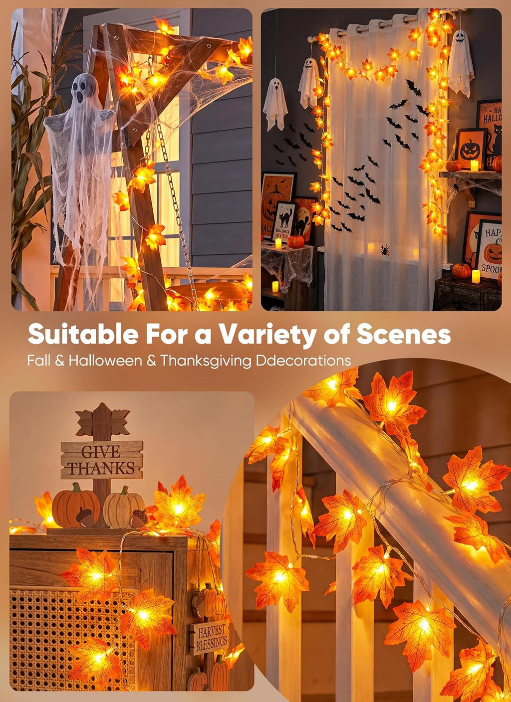 Brightown 2 Pack Fall Garland with Lights Total 20Ft 40LED Fall Decor