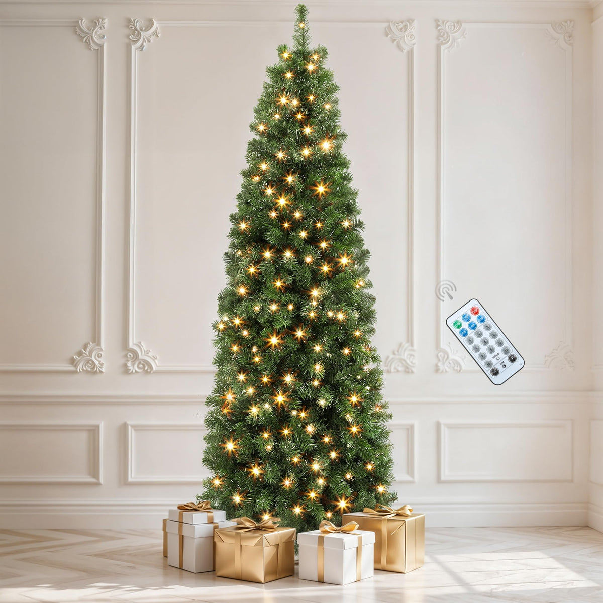 DWVO 6ft Pre-lit Artificial Christmas Tree, Slim Partial Snowy Pencil Kingswood Fir Christmas Trees with 50 Pine Cones, 618 Branch Tips & 250 UL Listed Lights with Remote Control for Home Party