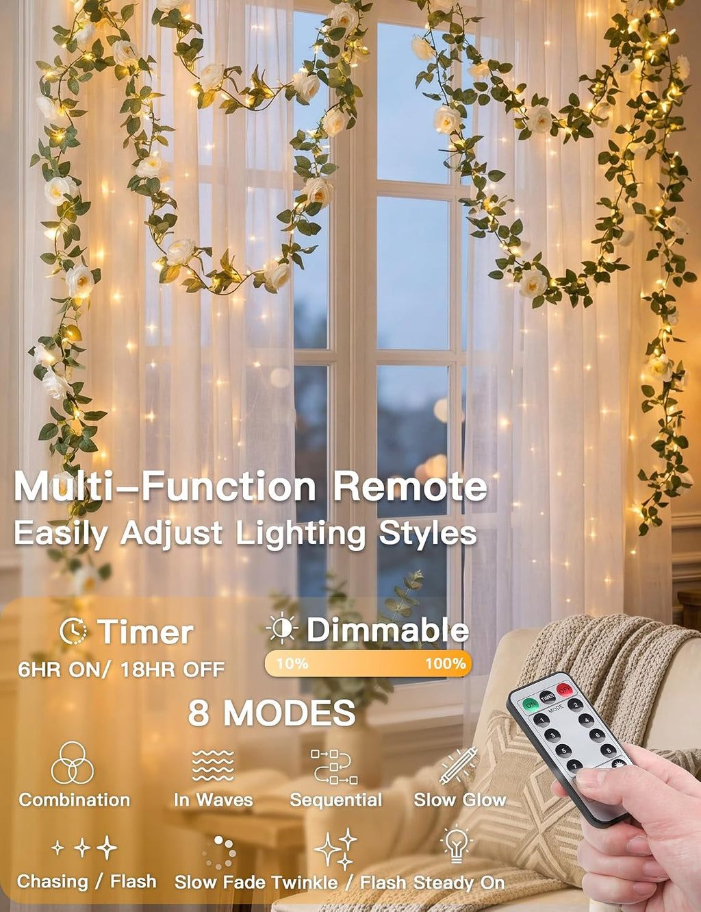 suddus 60LED Garland with White Camellia Lights Battery Operated Clear Wire
