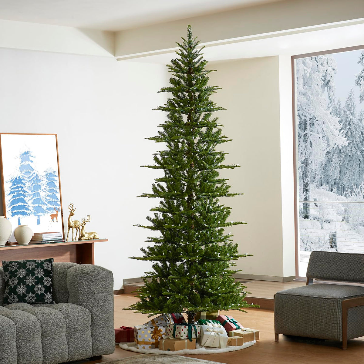 Glitzhome 7.5ft Prelit Christmas Tree, Artificial Christmas Tree with 350 Warm White Lights, Flocked Pencil Christmas Trees Chicago Frostwood Spruce with 1,211 PE&PVC Branch Tips,Sturdy Metal Stand