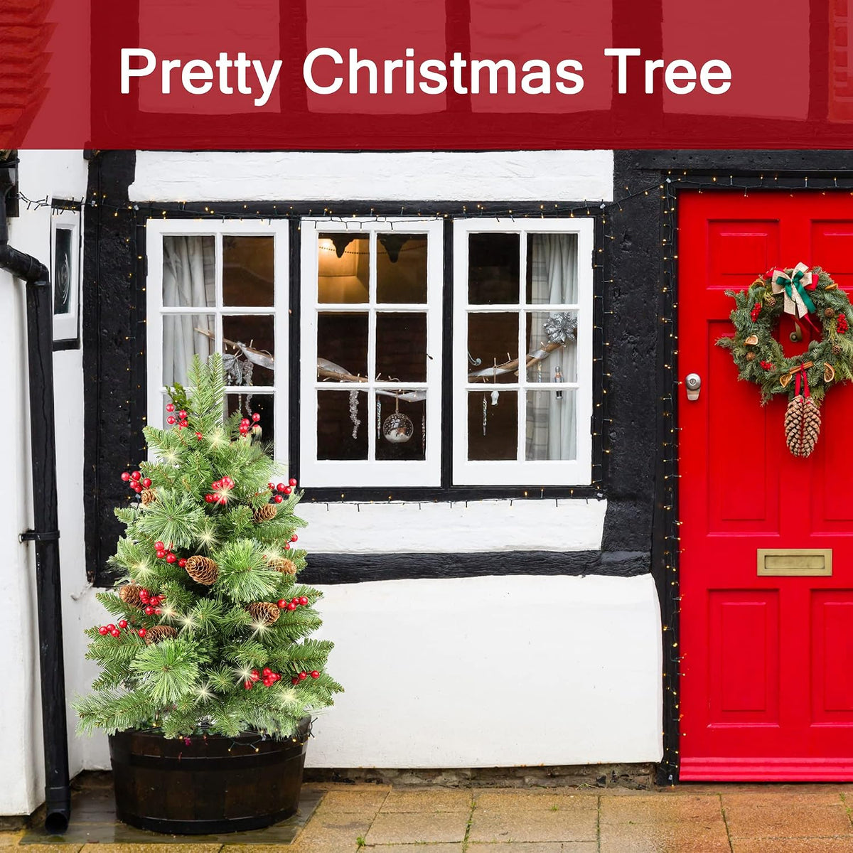 HomeKaren Solar Christmas Tree 30 inch Prelit 2 Set Pathway Porch Christmas Trees Pre-Light LED Battery Operated Outdoor Xmas Decor for Entrance Driveway, Yard, Garden