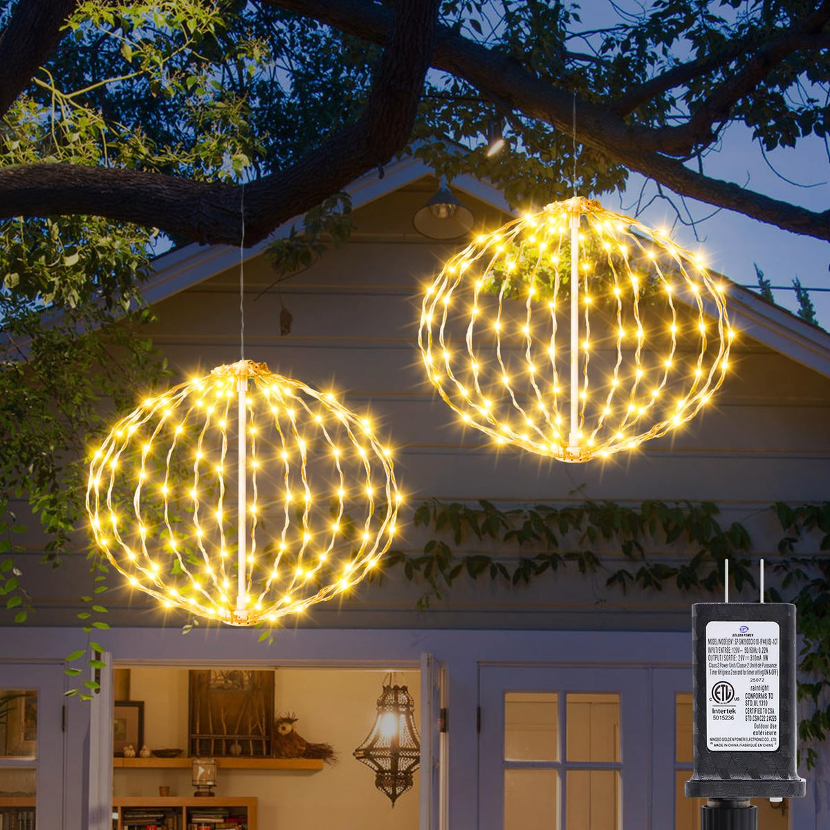 Outdoor Ball String Lights, Hanging Tree Garden Lights - 2 Pack 11.8" Sphere Light with Plug for Party Wedding Yard Garden Porch Patio Decoration(Warm White)