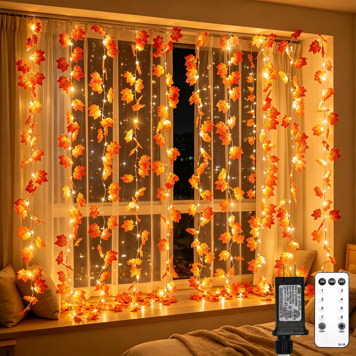 suddus 200 LED Vine with Light Plug in, 6.5ft x 6.5ft Pothos Fairy Curtain Lights with Remote, Leaf Fairy Lights for Wall,Bedroom, Dorm, Wedding, Party, Indoor Decor(Warm White)