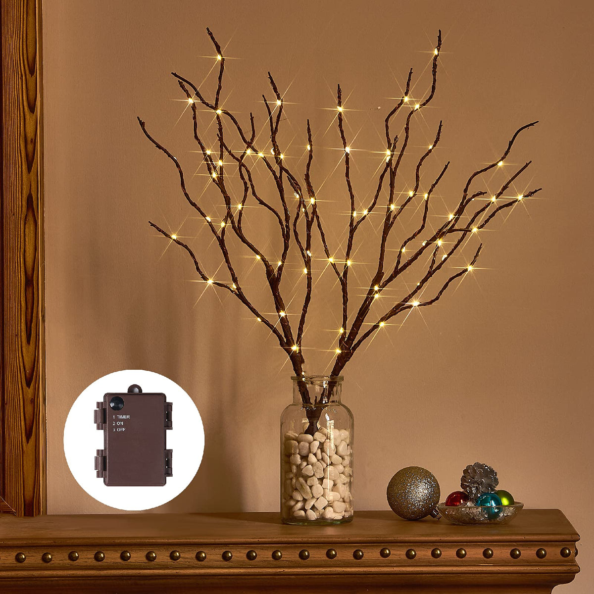 Birchlitland Lighted Brown Branches 32IN 100 LED with Timer Battery Operated, Artificial Tree Branch with Warm,Willow Branch Lights for Home Bedroom Fireplace Christmas Holiday Decoration