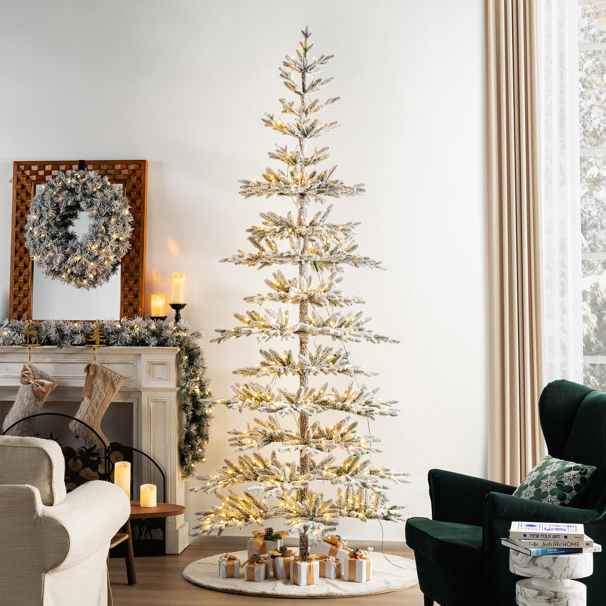 Glitzhome 7.5ft Prelit Christmas Tree, Artificial Christmas Tree with 350 Warm White Lights, Flocked Pencil Christmas Trees Chicago Frostwood Spruce with 1,211 PE&PVC Branch Tips,Sturdy Metal Stand