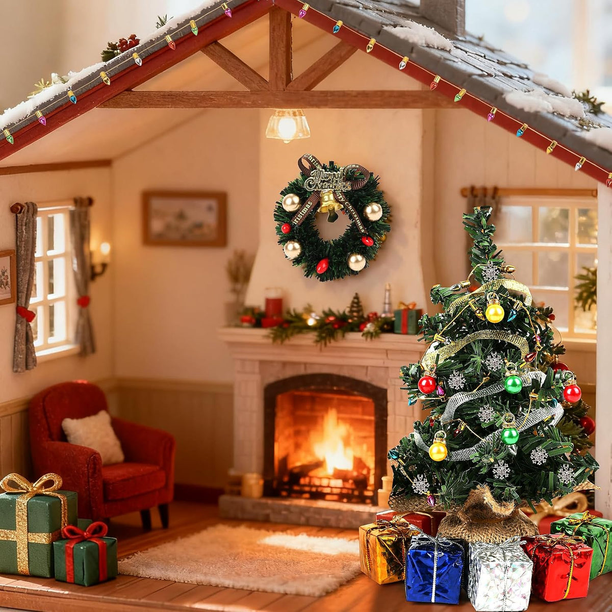 FOIMAS Mini Christmas Tree for Dollhouse Decoration,7.8 Inch Miniature Artificial Christmas Tree with Fake Lights Xmas Ball Wreath Ornament for Xmas Dollhouse Craft Decor Supply